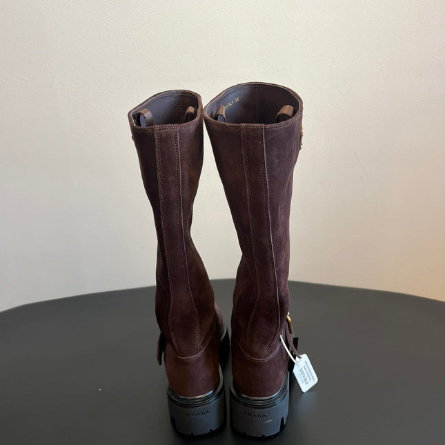 PRADA 25S HIGH-CUT PLATFORM BOOTS IN BROWN SUEDE WITH GOLD HARDWARE