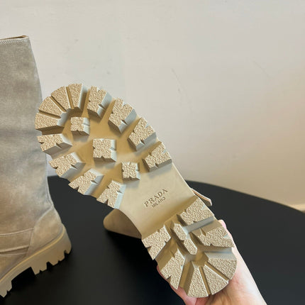 PRADA 25S HIGH-CUT PLATFORM BOOTS IN DARK BEIGE SUEDE WITH GOLD HARDWARE