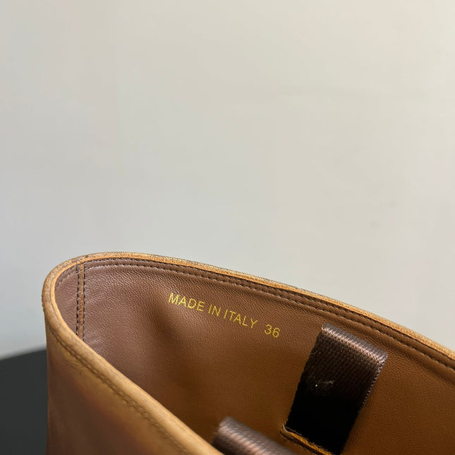 PRADA 25S HIGH-CUT PLATFORM BOOTS IN BROWN CALFSKIN WITH GOLD HARDWARE