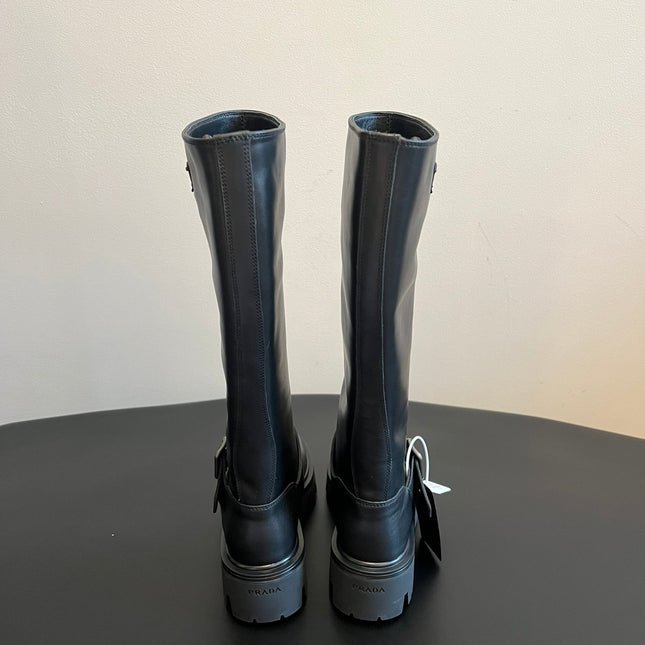 PRADA 25S HIGH-CUT PLATFORM BOOTS IN BLACK CALFSKIN WITH SILVER HARDWARE