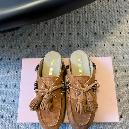 MIUMIU 26S MULES IN CARAMEL BROWN SUEDE