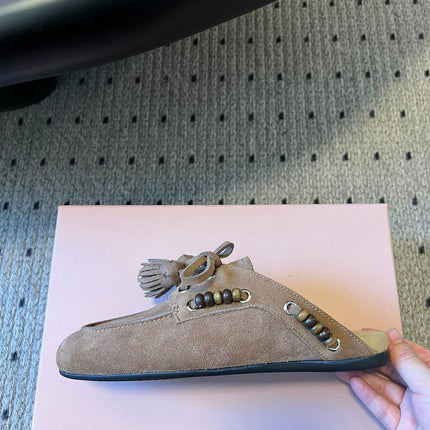 MIUMIU 26S MULES IN TAUPE BROWN SUEDE