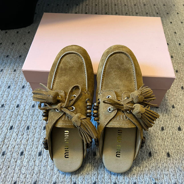 MIUMIU 26S MULES IN OLIVE BROWN SUEDE