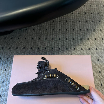 MIUMIU 26S MULES IN DARK BROWN SUEDE