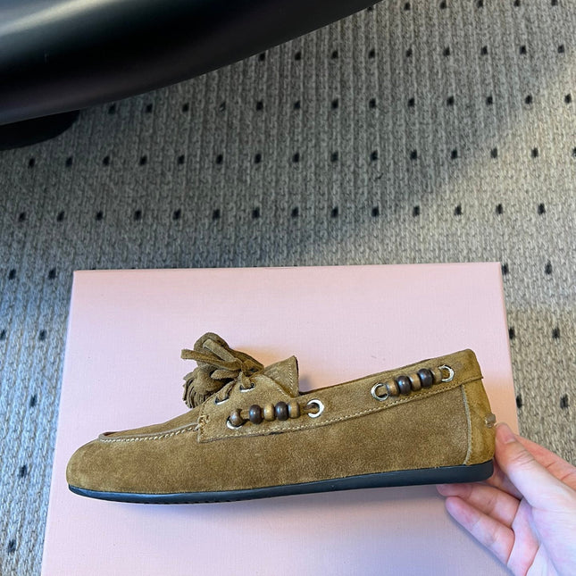 MIUMIU 26S TASSEL LOAFERS IN OLIVE BROWN SUEDE