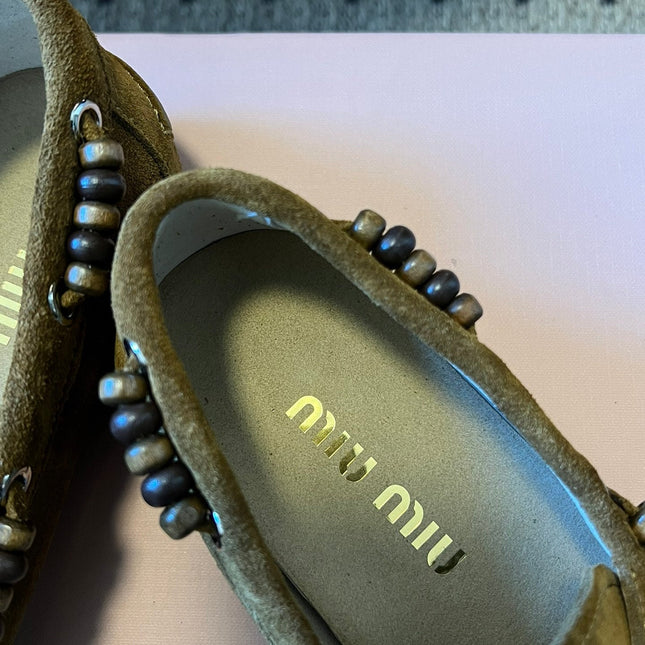 MIUMIU 26S TASSEL LOAFERS IN OLIVE BROWN SUEDE