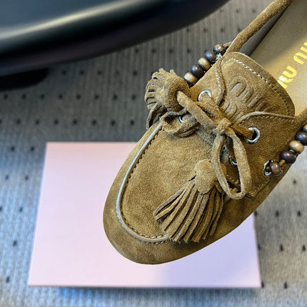 MIUMIU 26S TASSEL LOAFERS IN OLIVE BROWN SUEDE