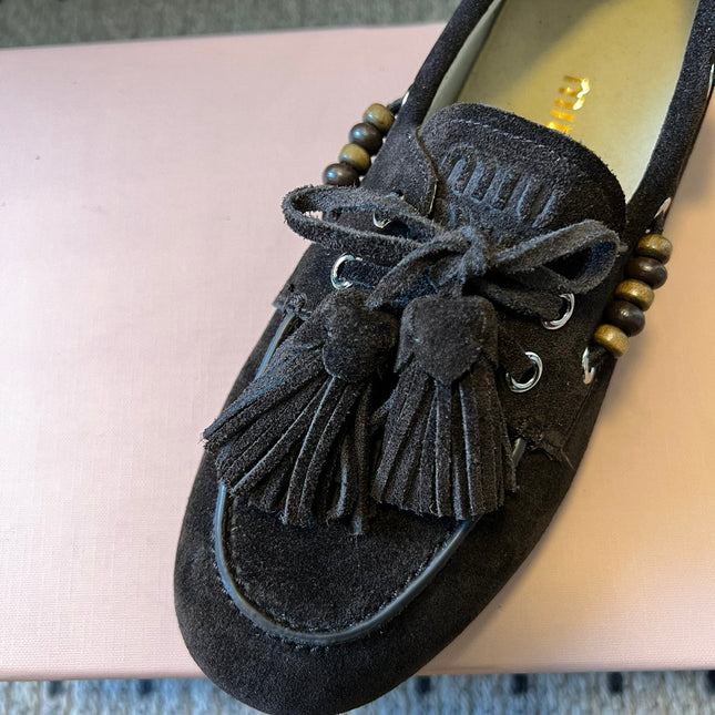 MIUMIU 26S TASSEL LOAFERS IN DARK BROWN SUEDE