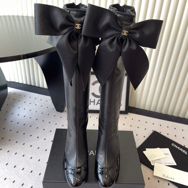 CHANEL BOW HIGH BOOTS IN BLACK CALFSKIN