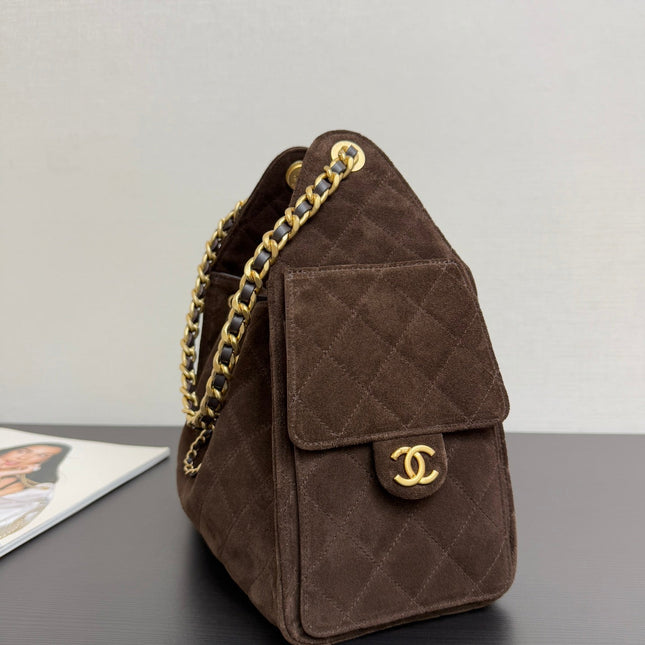 CHANEL 25S HOBO BAG 40 CM IN DARK BROWN SUEDE WITH GOLD HARDWARE