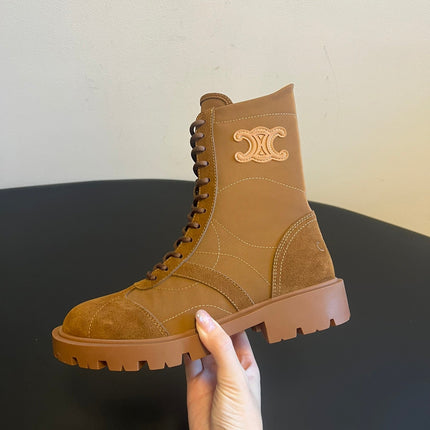 CELINE 26S LACE-UP ANKLE BOOTS IN BROWN SUEDE AND CANVAS