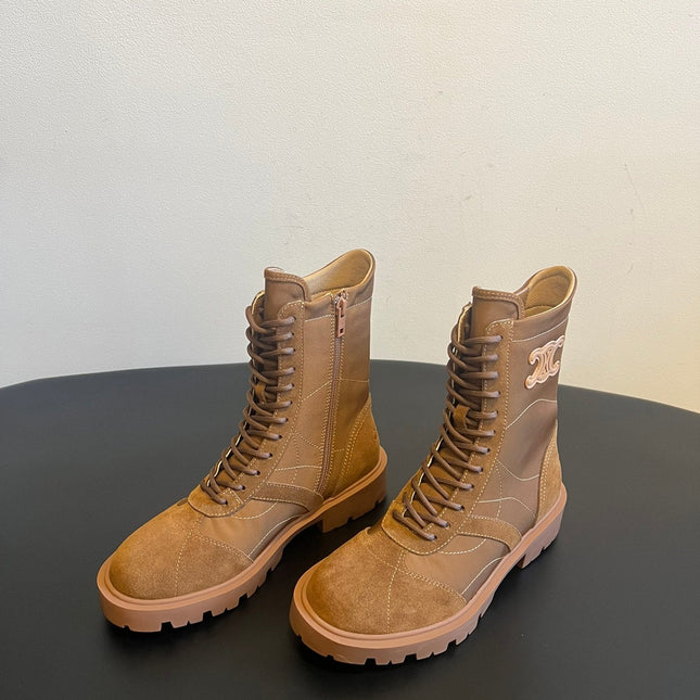 CELINE 26S LACE-UP ANKLE BOOTS IN BROWN SUEDE AND CANVAS