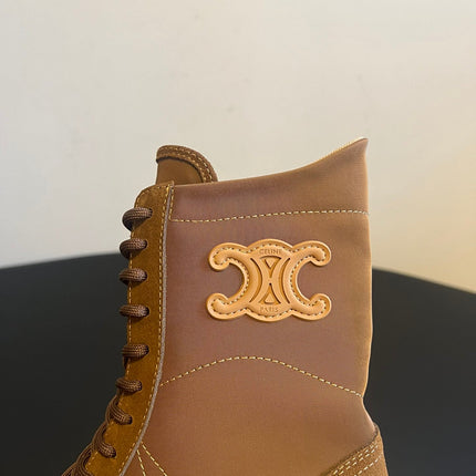 CELINE 26S LACE-UP ANKLE BOOTS IN BROWN SUEDE AND CANVAS