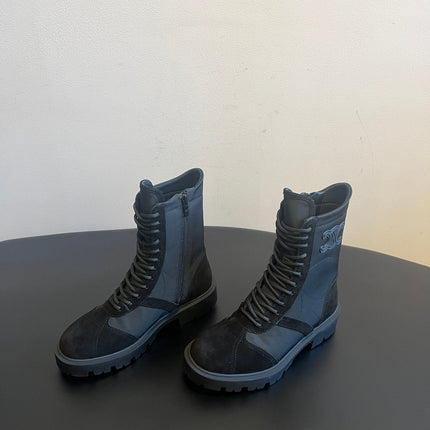 CELINE 26S LACE-UP ANKLE BOOTS IN BLACK SUEDE AND FABRIC