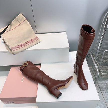 MIUMIU 25S BOOTS WITH BUCKLE 60MM IN DARK BROWN CALFSKIN