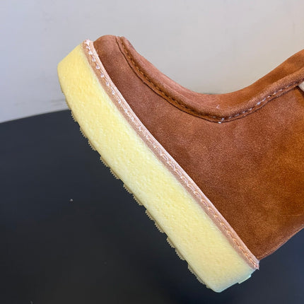 PRADA 25S PLATFORM ANKLE BOOTS 40 MM IN BROWN SUEDE SHEARLING-LINED