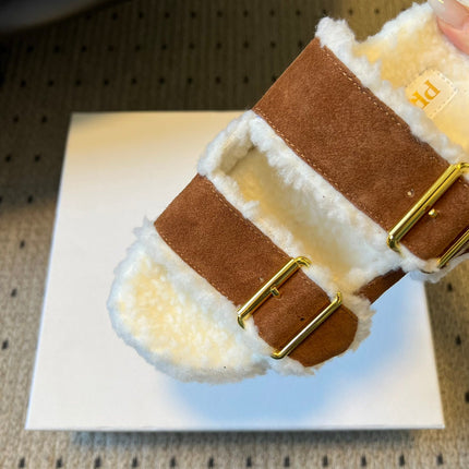 PRADA 25S TWO-STRAP SANDALS IN BROWN SUEDE AND WHITE SHEARLING WITH GOLD HARDWARE
