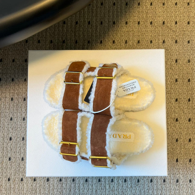 PRADA 25S TWO-STRAP SANDALS IN BROWN SUEDE AND WHITE SHEARLING WITH GOLD HARDWARE
