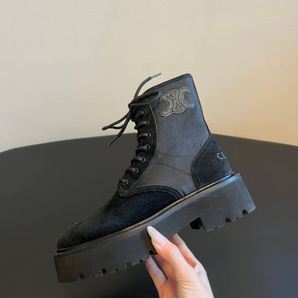CELINE 26S MARGARET COMBAT BOOT 45 MM IN BLACK CANVAS AND SUEDE