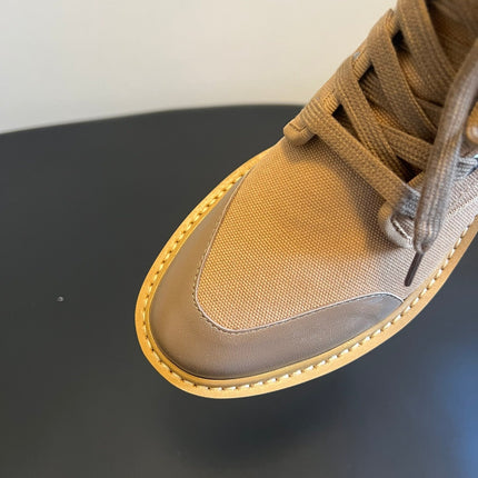 CELINE 26S BULKY LACE-UP BOOTS 45 MM IN SAND BEIGE CANVAS AND CALFSKIN