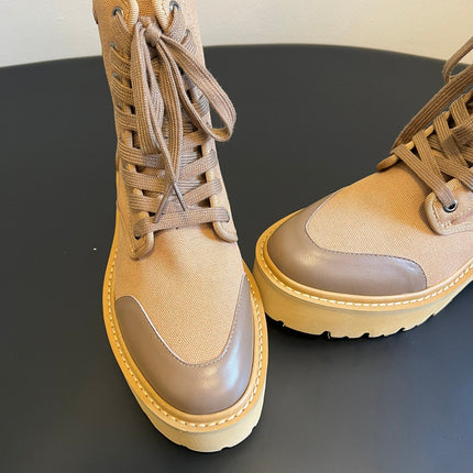 CELINE 26S BULKY LACE-UP BOOTS 45 MM IN SAND BEIGE CANVAS AND CALFSKIN