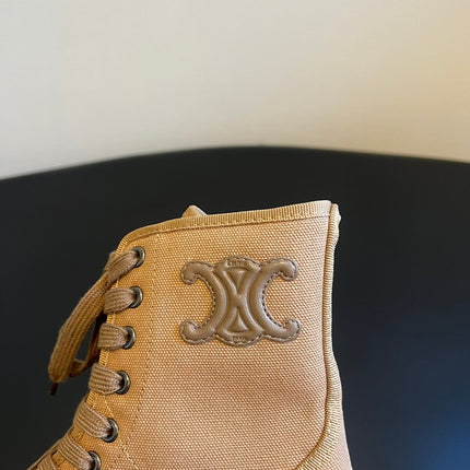 CELINE 26S BULKY LACE-UP BOOTS 45 MM IN SAND BEIGE CANVAS AND CALFSKIN