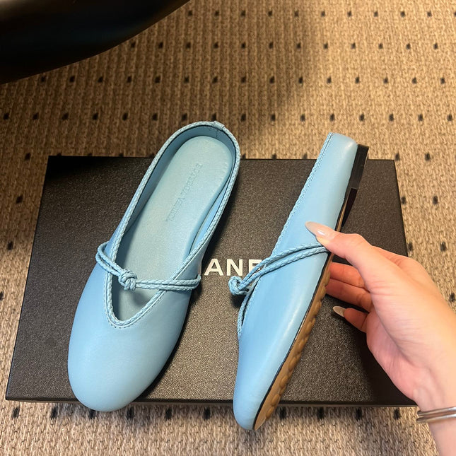 BOTTEGA VENETA 26S FLAT MULES IN BLUE LAMBSKIN