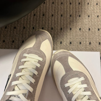 CELINE 26S RACER SNEAKERS IN CREAM WHITE FABRIC AND GRAY SUEDE