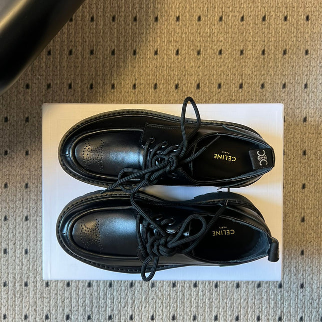 CELINE 26S LACE-UP LOAFERS IN BLACK CALFSKIN