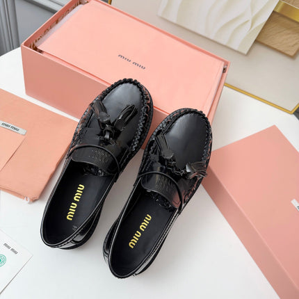 MIUMIU 26S TASSEL LOAFERS IN BLACK CALFSKIN
