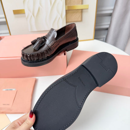 MIUMIU 26S TASSEL LOAFERS IN DARK BROWN CALFSKIN