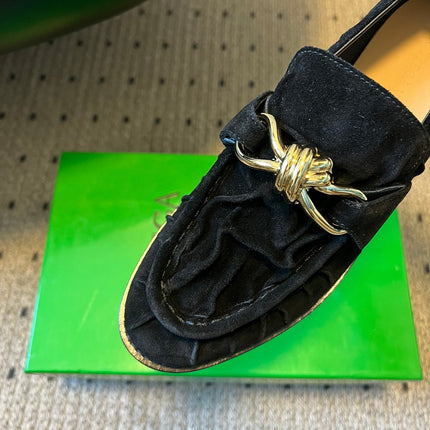BOTTEGA VENETA 26S LOAFERS IN BLACK SUEDE WITH GOLD HARDWARE