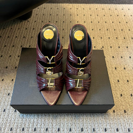 YSL 26S HEELED SANDALS 100 MM IN DARK BROWN LAMBSKIN