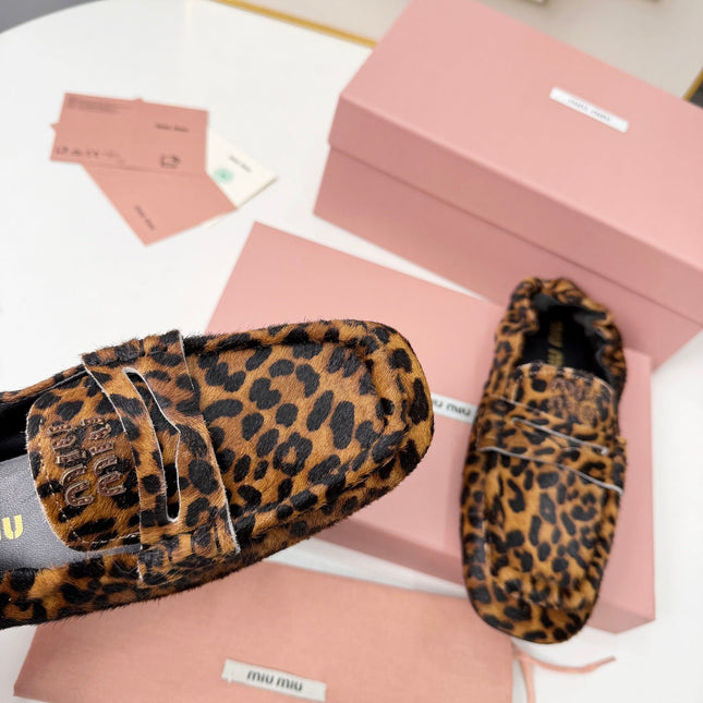 MIUMIU 26S RUCHES LOAFERS IN LEOPARD PRINT PONY HAIR