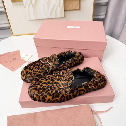 MIUMIU 26S RUCHES LOAFERS IN LEOPARD PRINT PONY HAIR