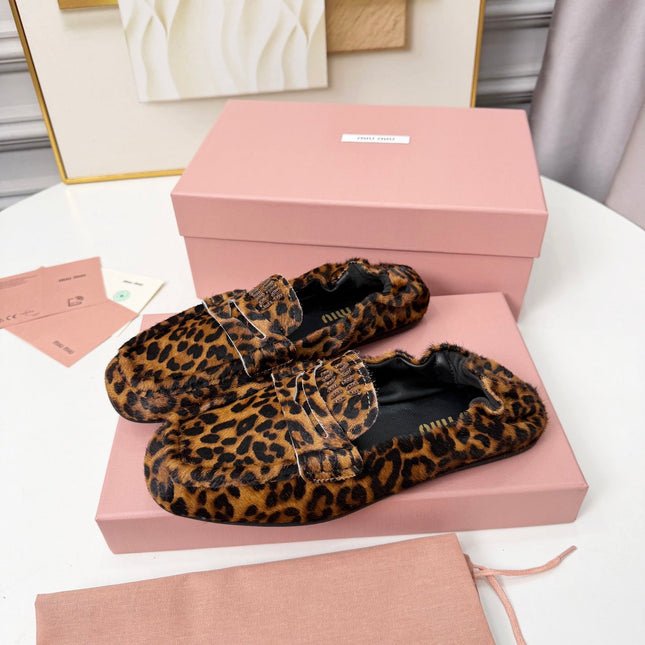 MIUMIU 26S RUCHES LOAFERS IN LEOPARD PRINT PONY HAIR
