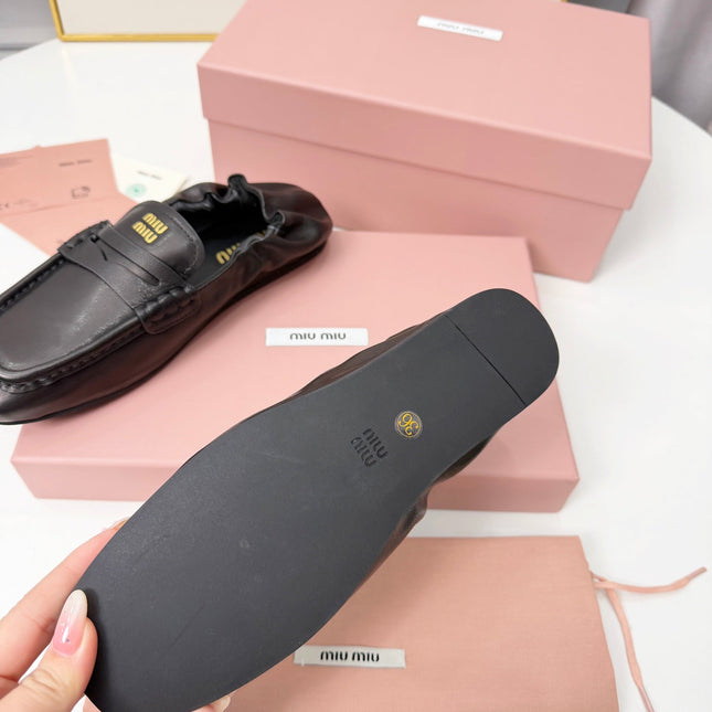 MIUMIU 26S RUCHES LOAFERS IN BLACK LAMBSKIN