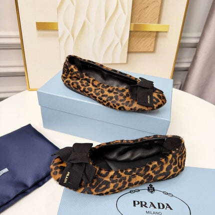 PRADA 26S BALLERINA FLATS IN BROWN LEOPARD PRINT PONY HAIR WITH BOW