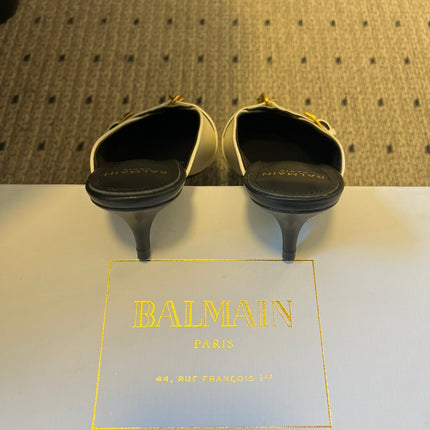 BALMAIN 26S GOLD CHAIN HIGH HEEL MULES 45 MM IN WHITE CALFSKIN