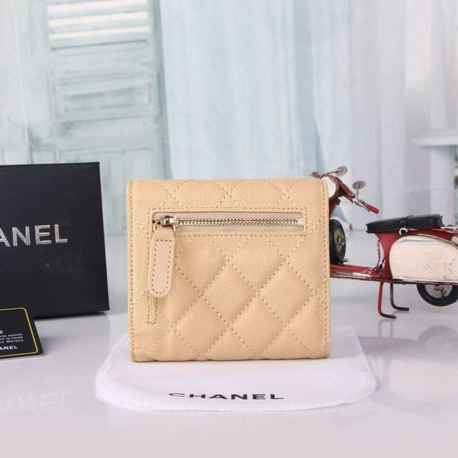 CHANEL FLAP CARD HOLDER IN BEIGE CAVIAR CALFSKIN WITH CRYSTAL EMBOSSED LOGO