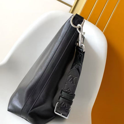 LV SHOULDER BAG 48 IN BLACK CALFSKIN EMBOSSED STRAP