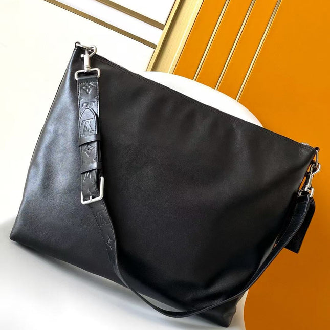 LV SHOULDER BAG 48 IN BLACK CALFSKIN EMBOSSED STRAP