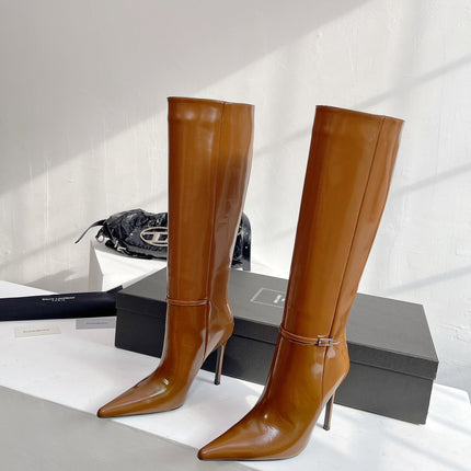 YSL VENDOME HIGH BOOTS IN CARAMEL BROWN CALFSKIN