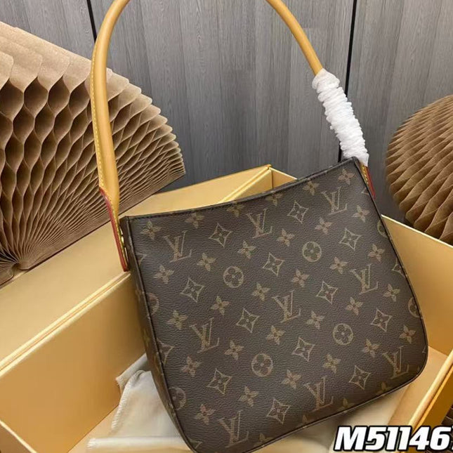 LV LOOPING SHOULDER BAG 25 IN BROWN MONOGRAM CANVAS GOLD-TONE HARDWARE.