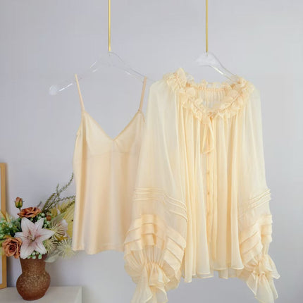 CHLOE TWO-PIECE SET OF RUFFLE-NECK BLOUSE AND CAMISOLE TOP