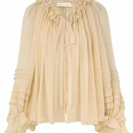 CHLOE TWO-PIECE SET OF RUFFLE-NECK BLOUSE AND CAMISOLE TOP