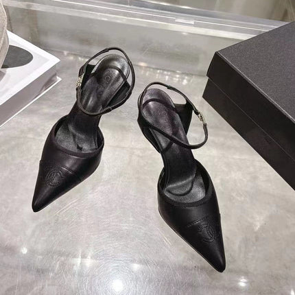CHANEL 26S HEEL SLINGBACK EMBOSSED LOGO IN BLACK CALFSKIN