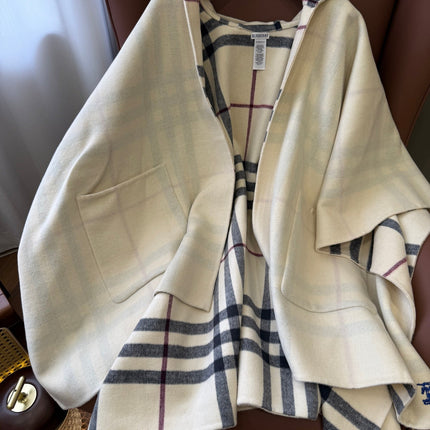 BURBERRY 26S DOUBLE-FACED REVERSIBLE CHECK HOODED CAPE IN BEIGE