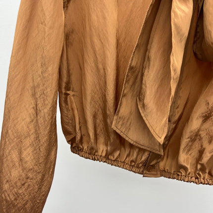 YSL 26S BOW TIE CROPPED BLOUSE IN CARAMEL SILK