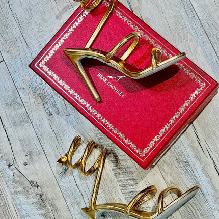 RENE CAOVILLA 26S STILETTO SANDALS 95 MM IN METALIC GOLD 01